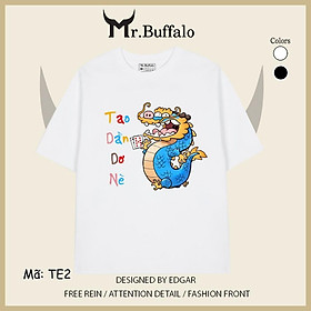 Áo Thun tay lỡ trắng đen xì rách tết 2024 rồng TE2 Mr.Buffalo - TE2- Trắng