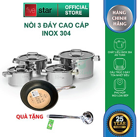 Bộ nồi và chảo chống dính vân đá inox 304 cao cấp Fivestar Plus 5 món nắp kính , tặng 1 vá canh