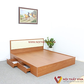 Giường Ngủ Gỗ MDF Melamine Màu Xoan Đào Có Hộc Kéo + Đầu Nệm Kem Đẹp