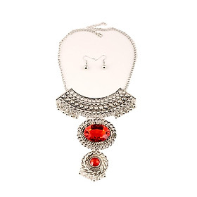 Vintage Ethnic Style Collar Choker Red Pendant Statement Necklace Earrings Set