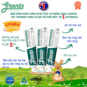 Kem đánh răng thảo dược trắng răng tự nhiên( Whitening) Grants 110g, với banking soda và bạc hà the mát - Bộ 3 tuýp, Với Banking soda và tinh chất bạc hà mạnh giúp làm trắng răng, đánh tan các mảng bám, làm dịu nướu