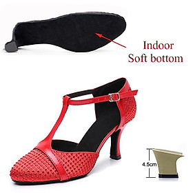 Vũ Điệu Latin Giày Nữ Salsa Tango Phòng Khiêu Vũ Đảng Giày Đỏ Satin Kim Cương Giả Gót Phong Cách Mới Bé Gái Giày Cưới Color: Indoor 4.5cm heel Shoe Size: 34