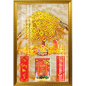 (Tặng Kèm Bloc) Lịch Gỗ Phù Điêu Khung Nhựa Xi Vàng, Mặt Tranh Tráng Gương Cao Cấp (KT 45x65cm) - Chủ đề Cây Kim Tiền, Cây Mai Vàng Tài Lộc (Nhiều Mẫu)
