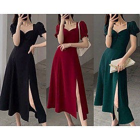Đầm xoè ngực nhún tay phồng tà xẻ