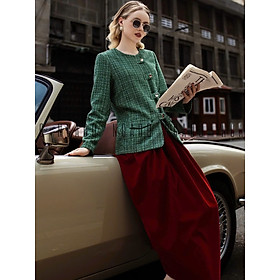 Set áo tweed xanh chân váy đỏ đô NGADO , set áo váy Nữ , set dự tiệc