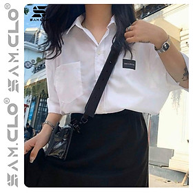 Áo SƠ MI NỮ form rộng cổ bẻ tay lỡ có túi dáng ulzzang freesize unisex thêu LOGO ĐEN 20 INCH màu trắng