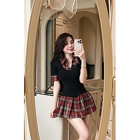 Váy Nữ Cổ Sơ Mi Phối Kẻ Đỏ Dáng Xoè – Thiết Kế Trẻ Trung, Dễ Thương