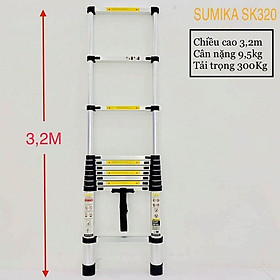 Thang Rút Đơn, Thang nhôm rút gọn SUMIKA SK320 - Chiều cao tối đa 3.2m, chiều dài rút gọn 0.78m, hợp kim nhôm cao cấp, khóa chốt chắc chắn, đế cao su chống trượt, nhỏ gọn - Luôn Có Phụ Kiện Thay Thế