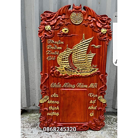 Đồng hồ treo tường khắc tích thuận buồm xuôi gió gỗ hương đỏ pu dát vàng cao cấp kt 41×81×3cm