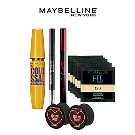 Bộ sản phẩm trang điểm mắt Maybelline (Kẻ mắt HSPower,Kẻ mày Define,Mascara Colossal,sachet Fit me x 6,pop socker x2)
