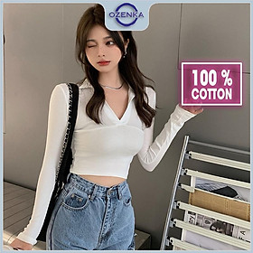 Áo croptop tay dài cổ polo sẻ v ôm nữ OZENKA , crt kiểu thanh lịch sang chảnh màu đen trắng mặc đi chơi dưới 55 kg