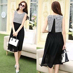 Đầm voan phối sọc nơ lưng _ kèm hình sp thật