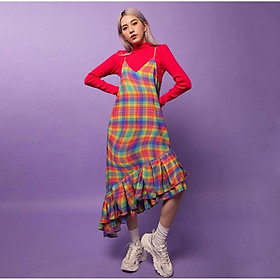 Đầm Hai Dây Maxi Chân Váy Xoè Cầu Vồng TARTAN - Tartan Dress SE / Rainbow / Tartan Pattern