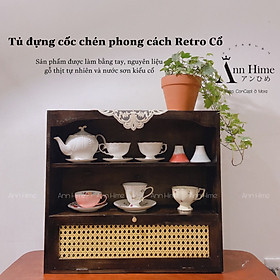 Tủ Gỗ Decor Để Bàn Đựng Đồ Chén Bát Cửa Lưới Mây Mở Ngược Retro Vintage Sp33