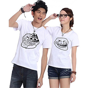 Bộ Áo Thun Đôi Nam Nữ Troll Face Màu Trắng
