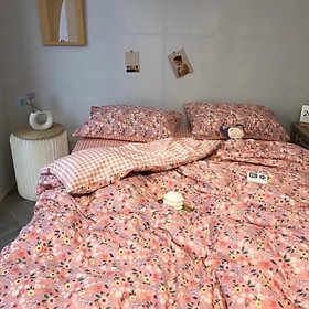 Set Cotton Living Hàng Nhập Khẩu Cao Cấp 4 Món Hoa Nhí Hồng