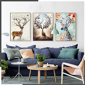 Bộ 3 Tranh Canvas Hươu May Mắn (đã đóng khung)