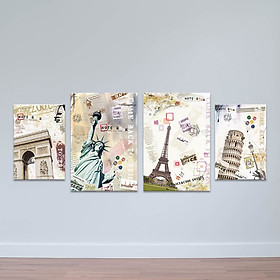 Mua Bộ 4 tranh treo tường  Vòng quanh thế giới  - Tranh trang trí hiện đại W3438 Canvas có viền Size L