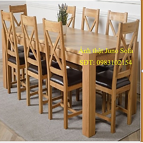 Bộ bàn ăn Rustic Oak bàn 1m8, kèm 8 ghế juno sofa ( Vàng Gỗ Tự Nhiên)