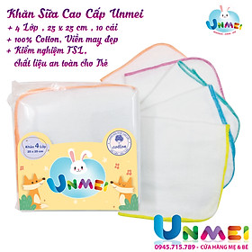 Khăn Sữa Cao Cấp Unmei 25x25cm - 4 Lớp - 10 cái , 100% Cotton , Viền đẹp