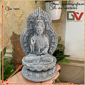 Mua Tượng đá Quan Thế Âm Bồ Tát ngồi đài sen + chữ  Phật  - Chiều cao 15cm - Màu xám