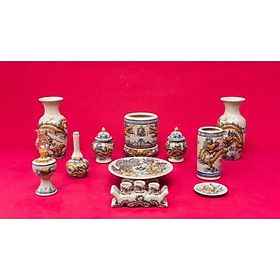 Mua Bộ ban thờ gia tiên men rạn cổ  họa tiết đắp nổi Rồng- Sen. Gốm sứ Bát Tràng.