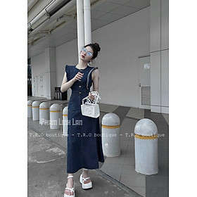 Đầm jean maxi sát nách phối bèo kèm đai
