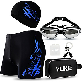 Yuke Yuke Men's swimming suit swimming caps swimming trunks goggles five-piece blue flame upgrade models 500 degrees swimming goggles XXL code set 500 XXL