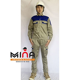 Mua Bảo Hộ Lao Động - Bộ Quần Áo Ghi Nâu Phối Xanh - Quần Túi Hộp - Vải Kaki 31