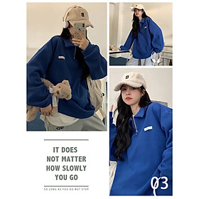 Áo Sweater Màu Xanh Thêu Logo Ngực Chất Nỉ Ngoại Cổ Cao Khóa Kéo Siêu Basic