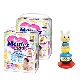 Combo 2 Tã/bỉm quần Merries size M - 58 miếng (Cho bé 6 - 11kg) - Tặng 1 bộ đồ chơi gỗ lật đật hình Thỏ