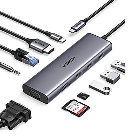 Ugreen UG15601CM498TK USB type C sang 1 x HDMI 4K30hz + 1 x VGA xuất cùng lúc + 1 x RJ45 1Gbps + TF + SD + 3 x USB 3.0 + 1 x 3.5mm NO MIC + 1 x USB-C PD 100W Bộ chuyển 10in1 - HÀNG CHÍNH HÃNG