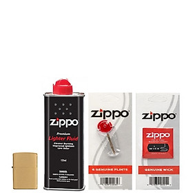 Combo 4 sản phẩm : Bật lửa Zippo Brushed Brass Solid 204B+Xăng+Đá+Bấc