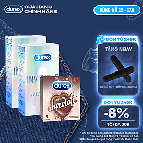 Bộ 2 hộp bao cao su Durex Invisible siêu mỏng (52mm, 10 bao/hộp)+ 1 Durex Naughty Chocolate hương choco (52mm, 3 bao/hộp)