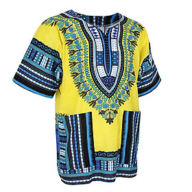 Unisex Traditional African Prints Dress Cotton Dashiki Shirt Ethnic Caftan Yellow Blue