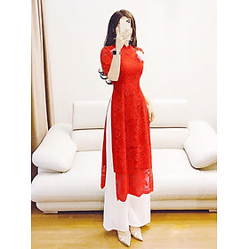 Áo dài cách tân ren phối 1 hoa trắng cao cấp - KHÔNG KÈM QUẦN