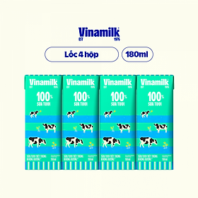 Lốc 4 hộp Sữa Tươi Tiệt Trùng Vinamilk 100% Không Đường 180ml