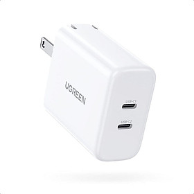 Củ sạc nhanh 2 cổng USB-C chân cắm US gập lại được 40W 2 Port Màu Trắng Ugreen 10342CD243 Hàng Chính Hãng