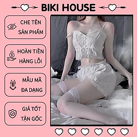 Đồ bộ ngủ sexy nữ 2 dây sexy đáng yêu set ngủ vải đũi mỏng trắng thoáng mát gợi cảm BIKI HOUSE N120 - Giao Hỏa Tốc