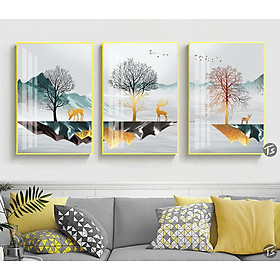 Mua Bộ 3 bức tráng gương treo tường phòng khách - Tranh những chú hươu có cặp sừng tuyệt đẹp
