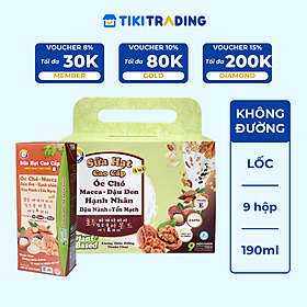 Sữa hạt cao cấp Óc chó - Macca - Đậu Đen - Hạnh Nhân - Đậu Nành & Yến Mạch không thêm đường 190ml (9hộp/xách)