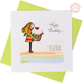 Thiệp Giấy Xoắn Happy Birthday - cố gái ôm giỏ quà - size 15x15cm