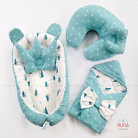 Combo nôi, gối chống bẹp đầu, gối chữ C và chăn bế RUNA KIDS hỗ trợ cho bé bú chất liệu Cotton Hàn cao cấp, mềm mịn