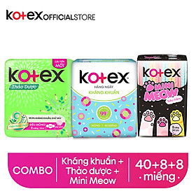 Combo Băng Vệ Sinh Kotex hằng ngày kháng khuẩn 40 miếng + Thảo dược SMC 8 miếng + Mini Meow SMC 8 miếng