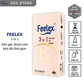 Bao cao su Feelex 3in1 gân gai, nhiều gel bôi trơn, kéo dài thời gian quan hệ - Hộp 10 bcs - Premium