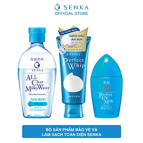 Bộ sản phẩm bảo vệ & làm sạch toàn diện Senka (Sữa chống nắng UV Milk 40ml + Nước sữa tẩy trang Milky 230ml + SRM Whip 120g)