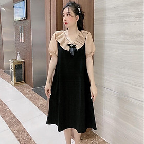 Váy suông cổ hoa bèo kèm nơ chất đũi xước