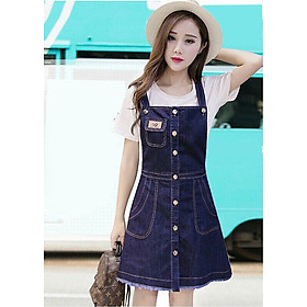 Đầm Yếm Jean Nữ Thêu Logo Cài Nút Dọc Duyên Dáng