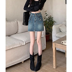 Chân Váy Jeans 2 Túi Trước Cạp Cao 2 Cúc Dáng Ngắn 2 Màu Full Size