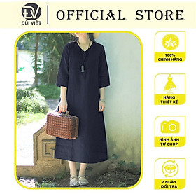 Đầm suông nữ xếp ly phối túi hông vải đũi phong cách Hàn Quốc da190
